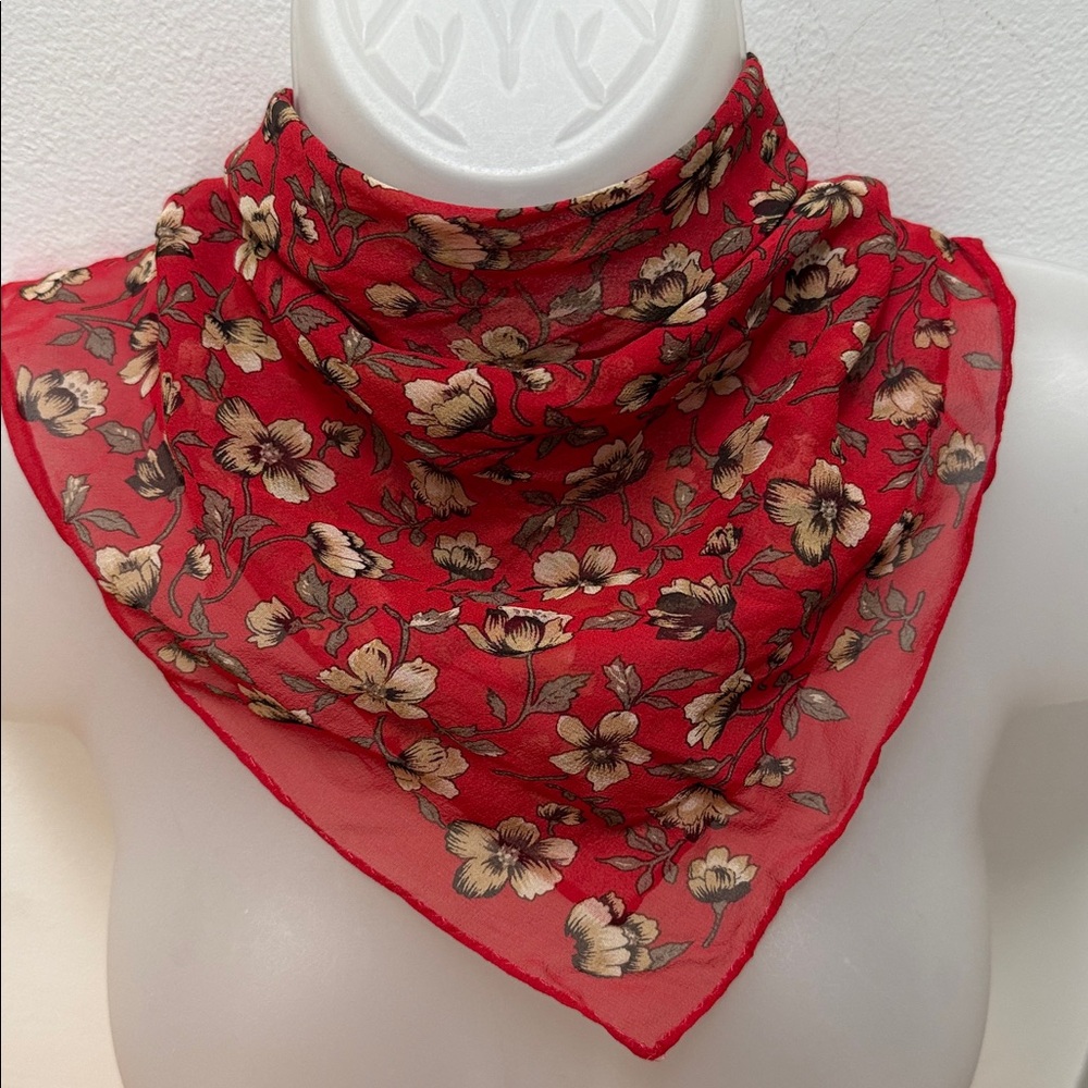 Echo  Silk scarf with a classic ditsy floral print in rich crimson red. VTG